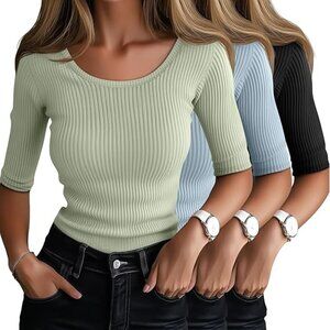 3 Pack Elbow Length Shirts for Women Half 1/2 Sleeve Tops Scoop Neck Ribbed